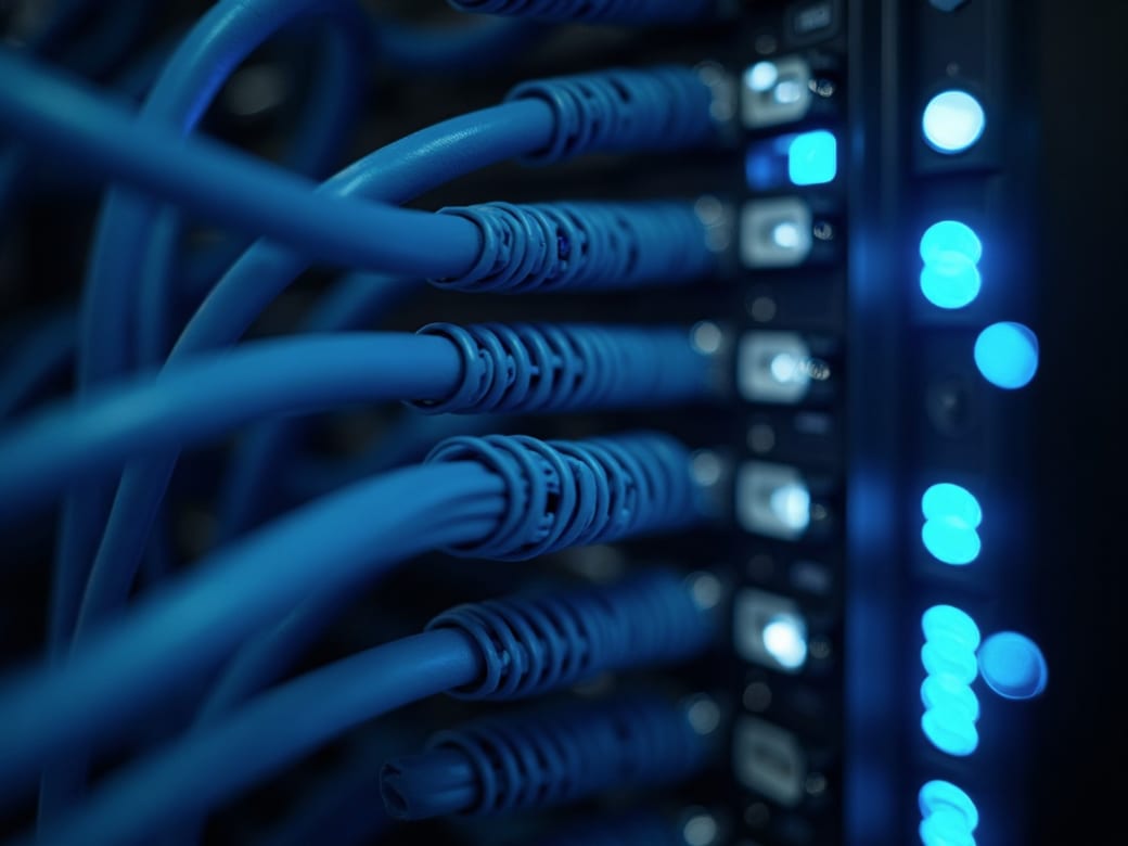 Detalle del rack donde vive tu web: cableado ordenado y luces de estado, en España.